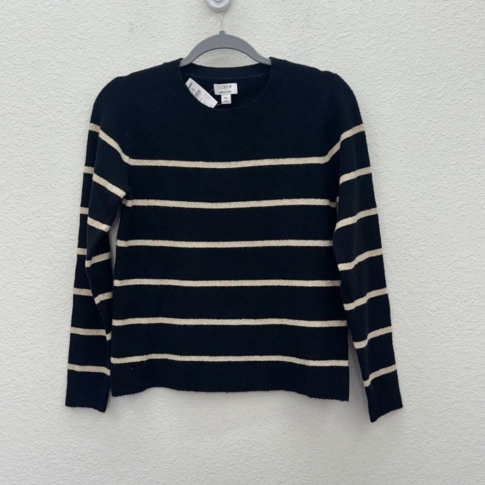 J Crew Factory Extra Soft Black Stripe Wool Blend Knit Sweater Womens sz XS NEW